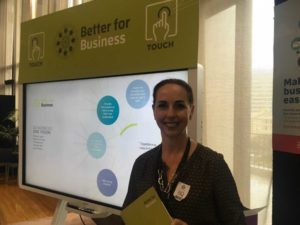 Part of New Zealand’s Better for Business (B4B) display at the 2018 D5 Government Showcase, with Lisa Casagranda, director B4B, Ministry of Business, Innovation & Employment (MBIE). Photo supplied