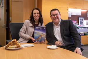 The Prime Minister Jacinda Ardern and Minister of Finance Grant Robertson with the Budget (and the traditional cheese rolls). Photo Prime Minister's Office 
